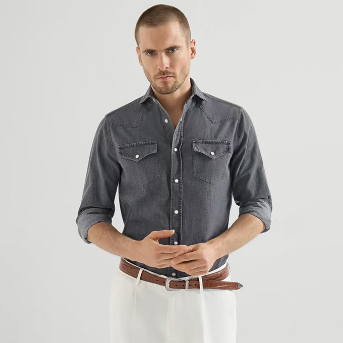 brunello cucinelli washed denim western style long sleeve button up shirt